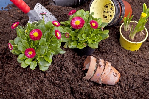 Front view of a gardener preparing tools in a Wembley garden